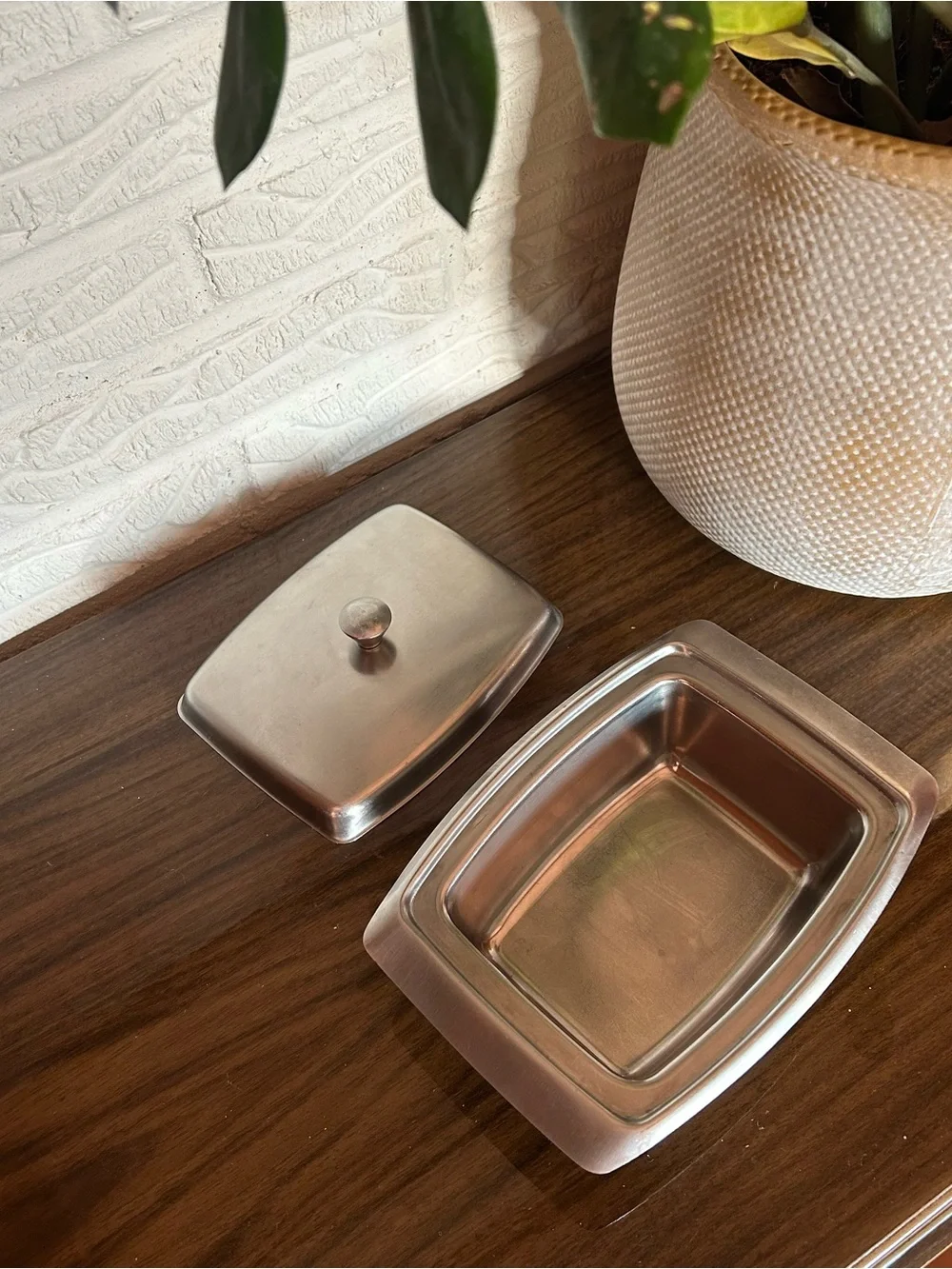 Vintage Mid Century Stainless Steel Butter Dish Atomic Sunburst